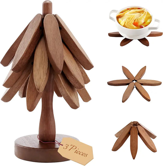 Natural Foldable Black Walnut Wooden Trivet Set