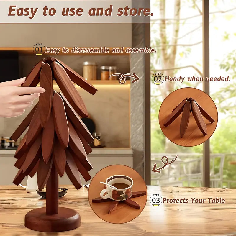 Natural Foldable Black Walnut Wooden Trivet Set